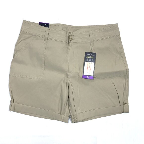 NWT Eddie Bauer Rolled Hem Bermuda Shorts Khaki UPF50 Stretch Nylon Womens 14 - Picture 1 of 6